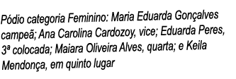 Pódio categoria Feminino: Maria Eduarda Gonçalves campeã; Ana Carolina Cardozoy, vice; Eduarda Peres, 3  colocada; Ma   