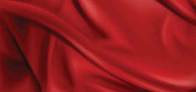 Red silk folded fabric background, luxurious textile decoration backdrop for poster, banner or cover design  Scarlet drapery material with soft satin waves, poster, 3d vector realistic illustration