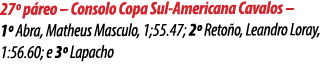 27º p reo – Consolo Copa Sul Americana Cavalos – 1º Abra, Matheus Masculo, 1;55.47; 2º Reto o, Leandro Loray, 1:56.60...