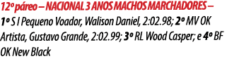12º p reo – NACIONAL 3 ANOS MACHOS MARCHADORES – 1º S I Pequeno Voador, Walison Daniel, 2:02.98; 2º MV OK Artista, Gu...