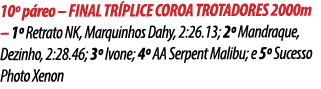 10º p reo – FINAL TR PLICE COROA TROTADORES 2000m – 1º Retrato NK, Marquinhos Dahy, 2:26.13; 2º Mandraque, Dezinho, 2...
