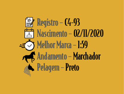 Registro – C4 93 Nascimento – 02/11/2020 Melhor Marca – 1:59 Andamento – Marchador Pelagem – Preto